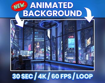 Skyline Gaming Room Vtuber Background Animated Lofi Twitch Streaming Overlay Scene, Streamer PC Setup 4k Background Loop Animation Gamer den
