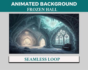 Frozen Hall VTuber Background Animated, Icy Chamber LoFi Twitch Streaming Overlay Scene, Snow falling Castle 4k Background, Winter Glacial
