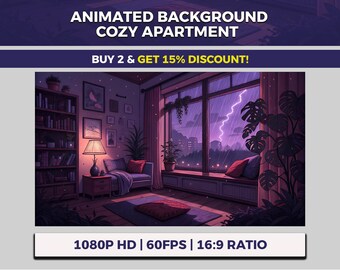 Animerad bakgrund för lila mysig lägenhet VTuber, regnigt fönster, stadsblixtar, Twitch-överlägg, Lofi-snöfall, nattläsning, mystisk kväll