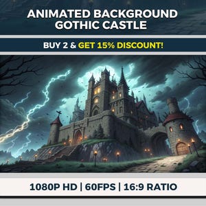 Puede incluir: Ilustración digital de un castillo gótico bajo un cielo tormentoso con relámpagos. La imagen presenta un gran castillo de piedra con múltiples torres, entradas arqueadas y un camino que conduce a la entrada. El texto en la parte superior dice "ANIMATED BACKGROUND GOTHIC CASTLE".