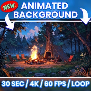 Animierter Hintergrund für Twitch, Lofi Wald mit Feuer, Vtuber Hintergrund animiert, Gemütliches Lofi Stream Overlay, magisches Stream Overlay, 4K HD