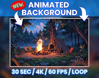 Forest Campfire Vtuber Background Animated, Lofi Twitch Streaming Overlay Scene, woodland theme 4k Background, Night Loop Animation