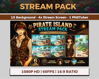 Pirate Cove VTuber Background Animated, Tropical Island Ocean Twitch Streaming Overlay, PNGtuber Beach Scene Bundle, Male Streamer Pack,