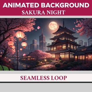 Op de afbeelding: Digitale illustratie van een Japanse pagode 's nachts, met een volle maan en kersenbloesem. De scène bevat traditionele lantaarns, een rivier en stadsgebouwen op de achtergrond. Tekst bovenaan luidt "ANIMATED BACKGROUND SAKURA NIGHT" en onderaan "SEAMLESS LOOP".
