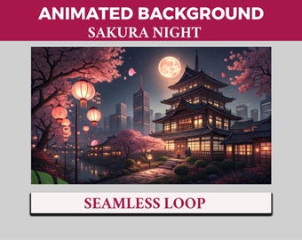 Könnte beinhalten: Digitale Illustration eines japanischen Pagodenhauses bei Nacht, mit Vollmond und Kirschblüten. Die Szene umfasst traditionelle Laternen, einen Fluss und Stadtgebäude im Hintergrund. Der Text oben lautet "ANIMATED BACKGROUND SAKURA NIGHT" und unten "SEAMLESS LOOP".