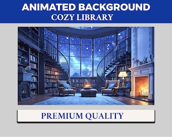 Blaue gemütliche Bibliothek Vtuber Hintergrund animiert, Lofi Twitch Tracking Overlay Szene, Blau Buch 4k Hintergrund Schneefall Schleife Animation Bibliothek,