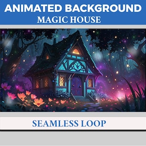 Può includere: Illustrazione digitale di una casa fantastica in un bosco magico. La casa ha una facciata turchese, un tetto scuro e finestre luminose. La scena è piena di luci colorate, fiori e il testo "ANIMATED BACKGROUND MAGIC HOUSE SEAMLESS LOOP."