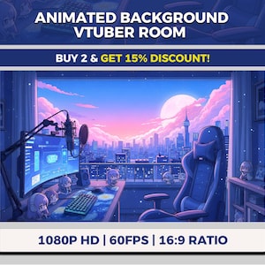 Skyline van de stad VTuber kamer achtergrond geanimeerd, pastelkleurige stroom, gamingkamer, gamer slaapkamer streaming overlay, microfoonopstelling, gezellig station