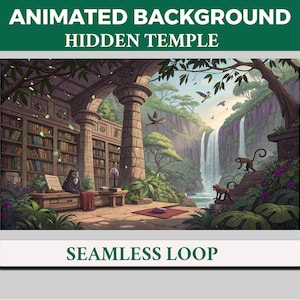 Puede incluir: Ilustración digital de una escena de templo escondido con una cascada y monos. La imagen presenta una biblioteca, exuberante vegetación y el texto "ANIMATED BACKGROUND HIDDEN TEMPLE SEAMLESS LOOP".