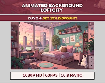 Lofi City VTuber Background Animated, Cozy View Twitch Streaming Overlay, Pastel Bedroom, Pink Accents, Teddy Rest, Anime Room, Sakura Vibes