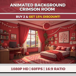May include: A digitally rendered crimson room featuring a bed, desk, and window. The room is predominantly red, with matching curtains, rugs, and wall decorations. Text on the image reads "ANIMATED BACKGROUND CRIMSON ROOM" and "1080P HD | 60FPS | 16:9 RATIO".
