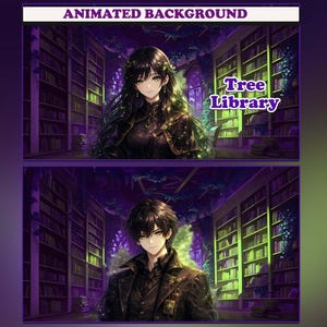 Trädväxtbibliotek Vtuber-bakgrundsanimerad, Lofi Twitch-streamingöverläggsscen, lila bok 4k-bakgrund, loopanimationsbibliotek