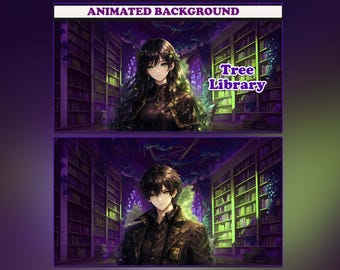 Baum Pflanzenbibliothek Vtuber Hintergrund animiert, Lofi Twitch Tracking Overlay Szene, Lila Buch 4k Hintergrund, Loop Animation Bibliothek
