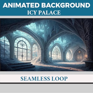 Puede incluir: Imagen de fondo animada de un palacio helado. La imagen presenta un gran salón con ventanas arqueadas y columnas ornamentadas, todo cubierto de hielo y nieve. Se muestra el texto "Animated Background Icy Palace" y "Seamless Loop".