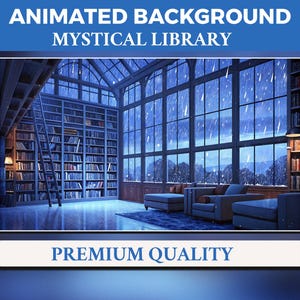 May include: An animated background image of a mystical library with large windows overlooking a snowy landscape. The library is filled with bookshelves, a ladder, and comfortable seating. Text at the top reads "ANIMATED BACKGROUND MYSTICAL LIBRARY" and at the bottom "PREMIUM QUALITY".