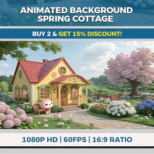 May include: Animated background image of a spring cottage. The yellow house has a red roof and a small porch. A cartoon character stands near the entrance. The image includes text that reads "Animated Background Spring Cottage".