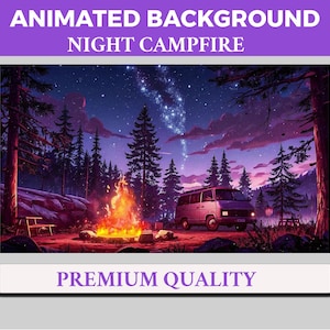 Puede incluir: Ilustración digital de una escena de fogata nocturna. Una furgoneta está estacionada cerca de una fogata bajo un cielo estrellado. El texto "ANIMATED BACKGROUND NIGHT CAMPFIRE" y "PREMIUM QUALITY" se muestran.