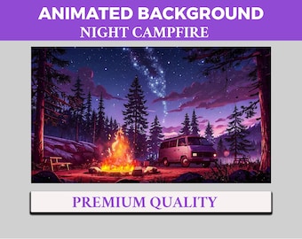 Purple Campfire Van Vtuber Background Animated, Lofi Twitch Streaming Overlay Scene, woodland theme 4k Background, Night Sky Loop Animation