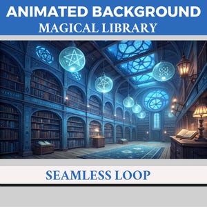 May include: Digital illustration of a magical library interior with rows of bookshelves, glowing orbs, and arched windows. The text at the top reads "ANIMATED BACKGROUND MAGICAL LIBRARY" and the text at the bottom reads "SEAMLESS LOOP". The color palette is primarily blue.