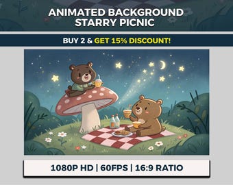 Cute Bear Duo Treat VTuber Background Animated, Starry Picnic, Mushroom feast, Forest Streaming Overlay, Cozy Camp, Midnight Friends