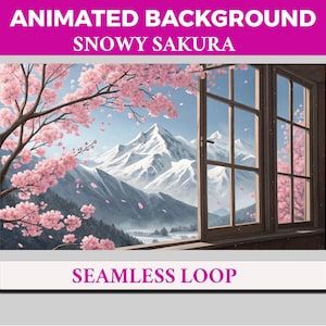 Puede incluir: Un fondo animado titulado "Snowy Sakura" representa un paisaje montañoso visto a través de una ventana. Las ramas de los cerezos en flor rosas y los pétalos que caen enmarcan la vista de las montañas cubiertas de nieve. Las palabras "Seamless Loop" están abajo.