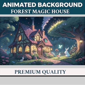 Enchanted Magic Forest House Vtuber achtergrond geanimeerd, Lofi Twitch streaming overlay scène, mystieke 4k-achtergrond, lusanimatie