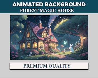 Enchanted Magic Forest House Vtuber achtergrond geanimeerd, Lofi Twitch streaming overlay scène, mystieke 4k-achtergrond, lusanimatie