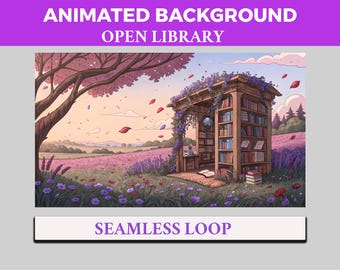 Open Garden Library VTuber Background Animated, LoFi Twitch Streaming Overlay Scene, Purple Book 4k Background, Leaves falling