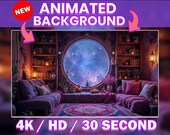 Purple Magical Library Vtuber Background Animated, Lofi Twitch Streaming Overlay Scene, Purple Book 4k Background, Loop Animation Library