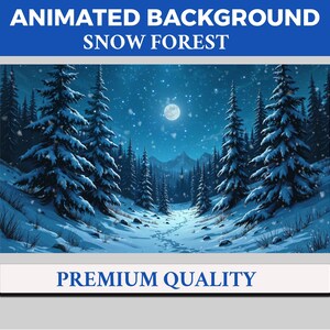 May include: Animated background featuring a snowy forest scene with a full moon in the night sky.  The trees are covered in snow and there is a path leading through the forest.