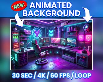 May include: An animated background image of a futuristic gaming room with neon lighting. The scene features multiple computer monitors, a gaming chair, and the text "NEW ANIMATED BACKGROUND". The image is labeled "30 SEC / 4K / 60 FPS / LOOP".
