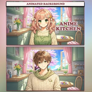 Morning Anime Spring Kitchen VTuber Background Animated, Sakura View, Blossom Breeze, Pastel Peace Twitch Stream Overlay Sweet Morning Tea