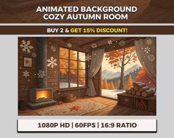 May include: An animated digital illustration of a cozy autumn room with a fireplace, large windows, and a view of a snowy mountain landscape. The image includes text that reads "Animated Background Cozy Autumn Room" and "1080P HD | 60FPS | 16:9 RATIO".