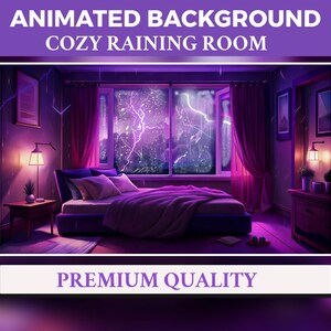 May include: An animated background featuring a cosy bedroom with a bed, bedside tables, and a window with a view of a stormy city. The room is lit by lamps and the window is open, letting in the rain. The text "ANIMATED BACKGROUND" and "COZY RAINING ROOM" is at the top of the image. The text "PREMIUM QUALITY" is at the bottom of the image.