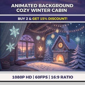 May include: An animated illustration of a cozy winter cabin scene. The image features a snow-covered cabin with a lit fireplace, surrounded by snow-covered trees and twinkling lights. The text at the top reads "ANIMATED BACKGROUND COZY WINTER CABIN".