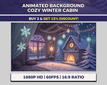 Cozy Winter Cabin VTuber Background Animated, Winter Solstice Twitch Streaming Overlay, Fireside Magic, Snowflake Studio, Snowy Starlight