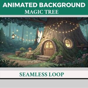 Può includere: Immagine di sfondo animata di un albero magico con una porta e una finestra rotonda, adornato con luci fatate. Una farfalla è posata sull'albero. Il testo "ANIMATED BACKGROUND MAGIC TREE" e "SEAMLESS LOOP" è visualizzato.
