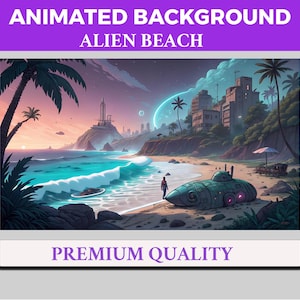 May include: An animated digital art piece titled "Alien Beach" featuring a futuristic beach scene. A teal submarine rests on the shore, with a person standing nearby. The sky transitions from pink to blue, with palm trees and buildings in the background. The words "Premium Quality" are at the bottom.