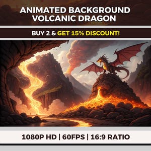 May include: Digital art of a dragon perched on a volcanic rock formation, with lava flowing down. The background features a volcanic eruption and a river of lava. Text reads: Animated Background Volcanic Dragon.