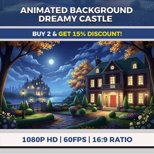 Puede incluir: Ilustración digital animada de un castillo de ensueño por la noche. La imagen presenta una casa grande con un tejado verde y un castillo al fondo. El texto en la parte superior dice "ANIMATED BACKGROUND DREAMY CASTLE". El texto inferior dice "1080P HD | 60FPS | 16:9 RATIO".