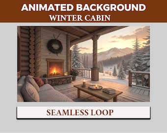 Winter Kabine VTuber Hintergrund animiert, gemütliches Ambiente LoFi Twitch Tracking Overlay Szene, Kamin Sonnenuntergang 4k Hintergrund, schneebedeckte Veranda