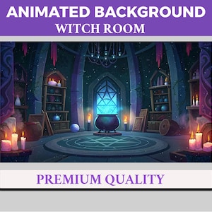Può includere: Immagine di sfondo animata di una stanza delle streghe. La scena presenta un calderone con luce blu brillante, librerie, candele e un pentagramma sul pavimento. Il testo "ANIMATED BACKGROUND WITCH ROOM" e "PREMIUM QUALITY" sono visualizzati.