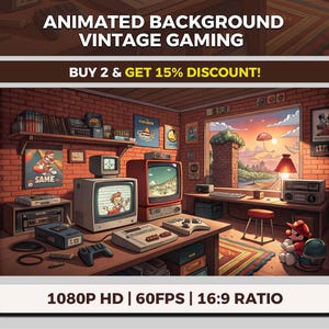 Könnte beinhalten: Illustration eines Vintage-Gaming-Zimmers mit Retro-Fernsehern, Konsolen und Dekoration. Die Szene umfasst ein Fenster mit Sonnenuntergangsblick, einen Schreibtisch mit Controllern und eine Mario-Figur. Text: "ANIMATED BACKGROUND VINTAGE GAMING".