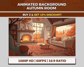 Gemütlicher Herbst Raum VTuber Hintergrund animiert, Kamin Komfort, Kamin Lesen, Rückzugsort Twitch Overlay, Warm Oase, Ruhiger Nachmittag