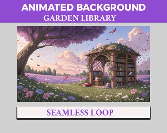 Open Garden Plant Library VTuber Background Animated, LoFi Twitch Streaming Overlay Scene, Purple Book 4k Background, Petals Leaves falling