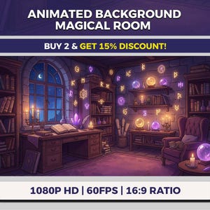 Op de afbeelding: Een geanimeerde illustratie van een magische kamer met boekenkasten, een bureau en een groot raam. De kamer wordt verlicht door kaarsen en gloeiende bollen. Tekst op de afbeelding luidt "ANIMATED BACKGROUND MAGICAL ROOM" en "BUY 2 & GET 15% DISCOUNT!"