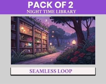 Night Time Plant Library VTuber Background Animated, LoFi Twitch Streaming Overlay Scene, Purple Book 4k Background, Pack of 2 Videos