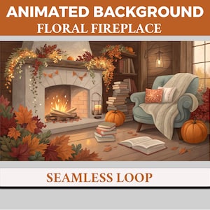 Puede incluir: Fondo animado que presenta una escena de chimenea floral. La imagen muestra una chimenea con fuego, rodeada de hojas de otoño, calabazas y libros. Un sillón cómodo en la esquina crea un ambiente cálido y acogedor.