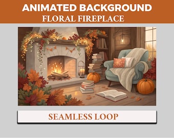 Floral Fireplace VTuber Background Animated, Cozy Autumn Study LoFi Twitch Streaming Quiet Reading, Fireside Study, Orange Pumpkin Hues