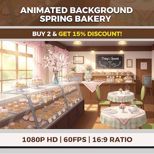 Könnte beinhalten: Animierte Illustration eines Frühlingsbäcker-Interieurs. Eine Glasvitrine ist mit Gebäck gefüllt. Tische mit floralen Tischdecken sind für Kunden gedeckt. Der Text "Animated Background Spring Bakery" steht oben.
